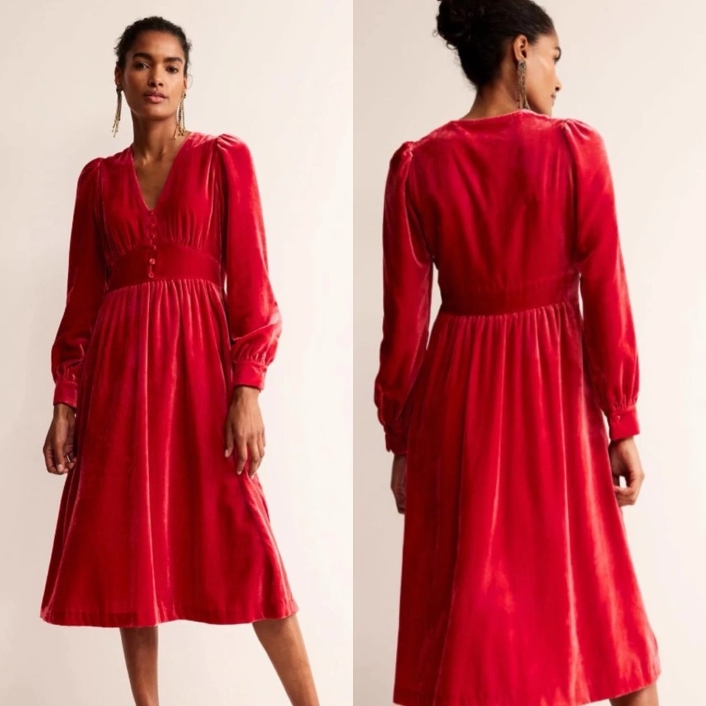 NWT Boden Elise Velvet Midi Dress Red Fit Flare Long Sleeve Size 6
